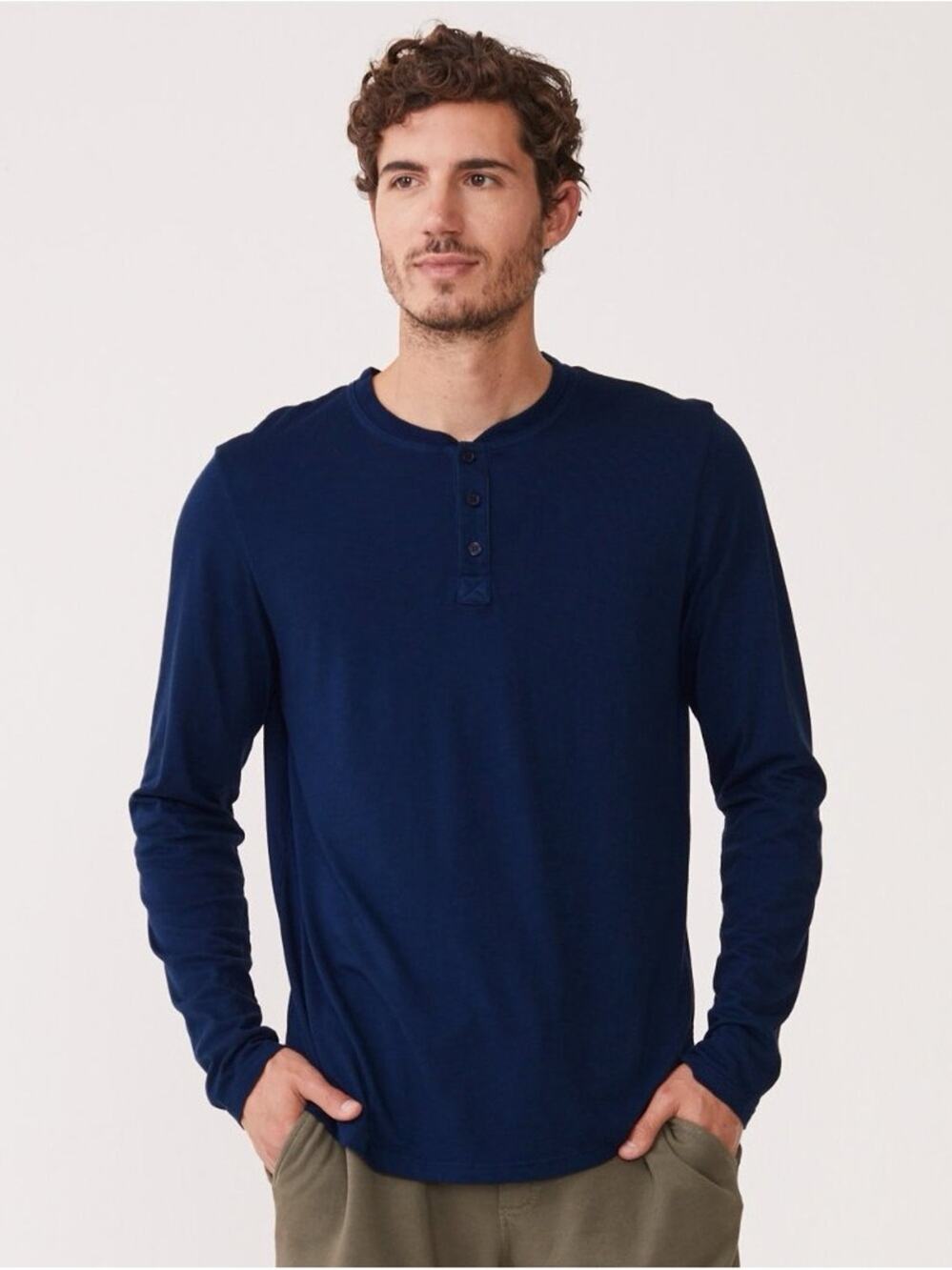 Monrow Long Sleeve Waffle Thermal Henley Top Large Navy Blue Cotton Modal Jersey